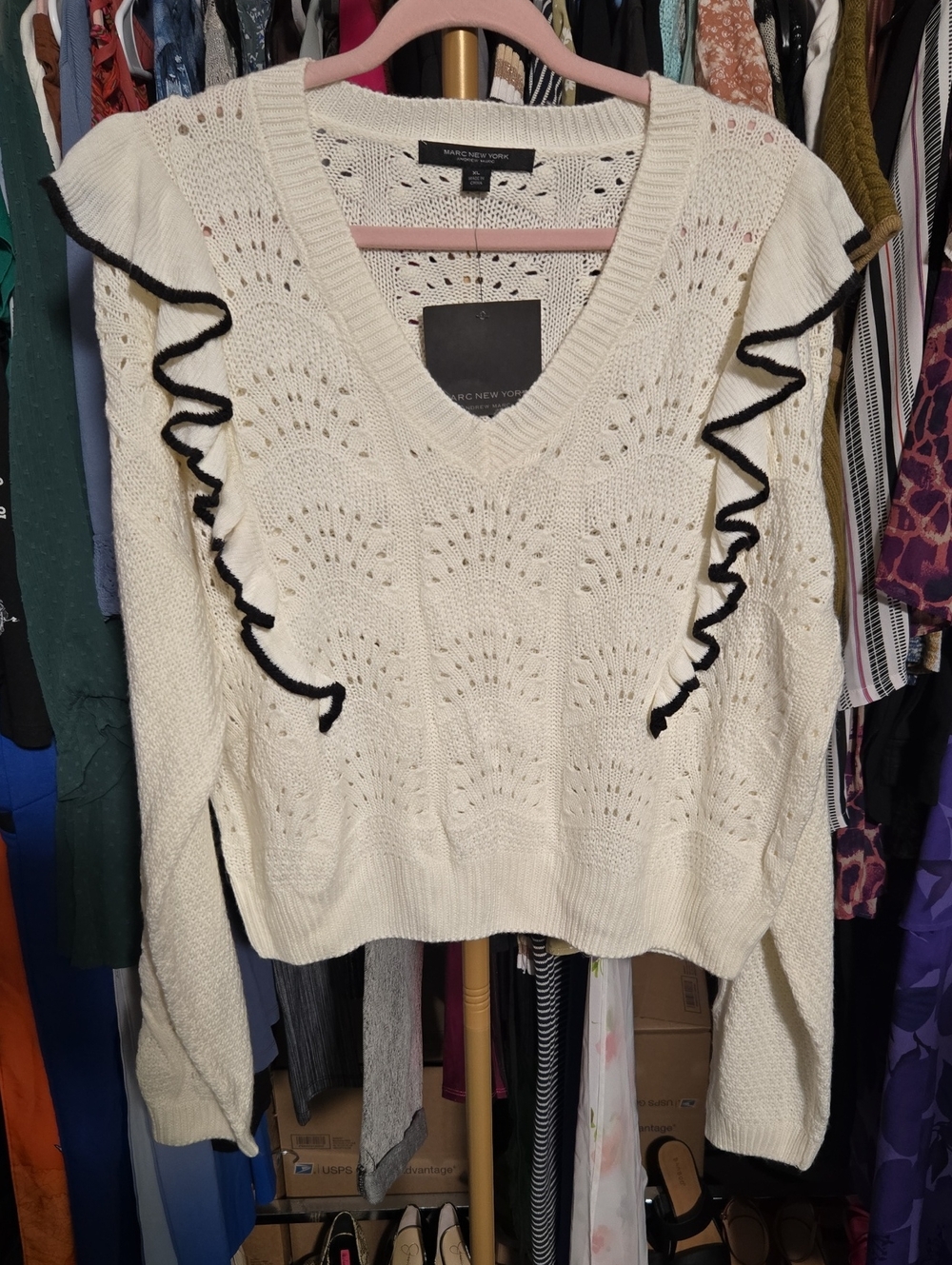 Marc New York Cream V-Neck Ruffle Knit Sweater with Black Trim